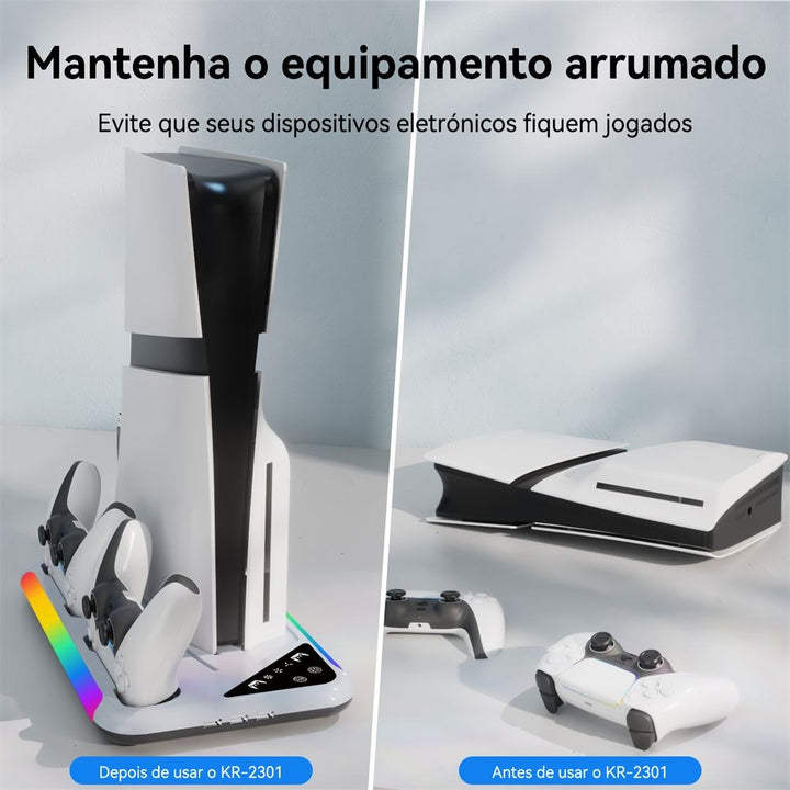 Suporte de resfriamento RGB para console PS5 Slim Base de carregamento de gamepad + Gancho para fone de ouvido e rack pra armazenamento de cd