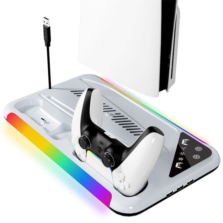 Suporte de resfriamento RGB para console PS5 Slim Base de carregamento de gamepad + Gancho para fone de ouvido e rack pra armazenamento de cd