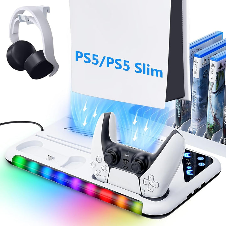 Suporte de resfriamento RGB para console PS5 Slim Base de carregamento de gamepad + Gancho para fone de ouvido e rack pra armazenamento de cd