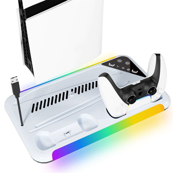 Suporte de resfriamento RGB para console PS5 Slim Base de carregamento de gamepad + Gancho para fone de ouvido e rack pra armazenamento de cd