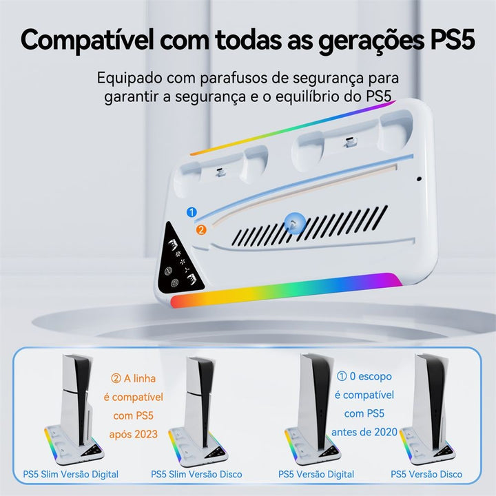 Suporte de resfriamento RGB para console PS5 Slim Base de carregamento de gamepad + Gancho para fone de ouvido e rack pra armazenamento de cd