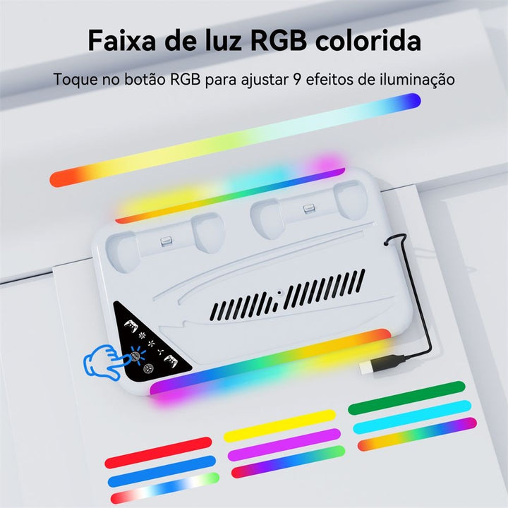 Suporte de resfriamento RGB para console PS5 Slim Base de carregamento de gamepad + Gancho para fone de ouvido e rack pra armazenamento de cd