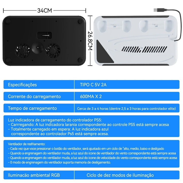 Suporte de resfriamento RGB para console PS5 Slim Base de carregamento de gamepad + Gancho para fone de ouvido e rack pra armazenamento de cd