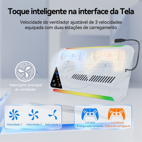 Suporte de resfriamento RGB para console PS5 Slim Base de carregamento de gamepad + Gancho para fone de ouvido e rack pra armazenamento de cd