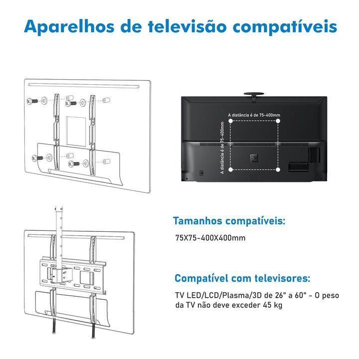Suporte TV Teto, Suporte Para TV, Racks Para TV, 45KG, 26-60 Polegadas